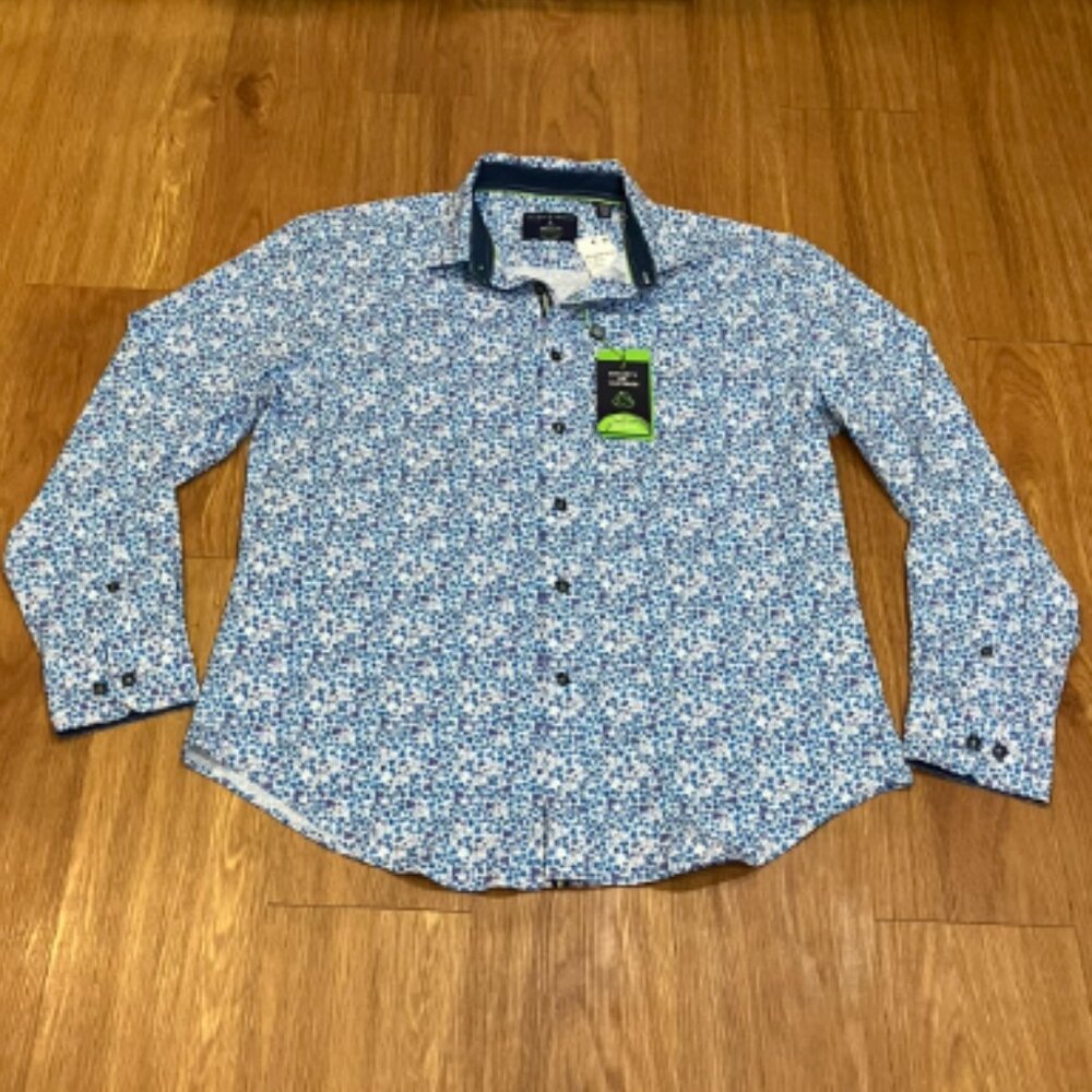 Society of Threads Men's Regular Fit Non-Iron Stretch Shirt Light Blue Floral L
